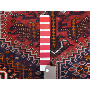 4'6"x7'2" Red Distressed Hand Knotted Persian Qashqai Vintage Worn Down Bohemian Clean Organic Wool Oriental Rug FWR347196