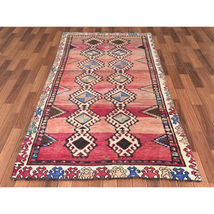 4'x8'3" Bohemian Red Persian Shiraz Hand Knotted Organic Wool Clean Old Distressed Gallery Size Runner Oriental Rug FWR347778