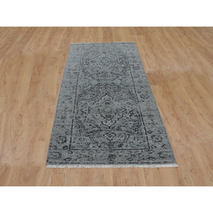 2'10"x8' Gray Broken Persian Erased Design Runner Silk With Textured Wool Hand Knotted Oriental Rug FWR348132