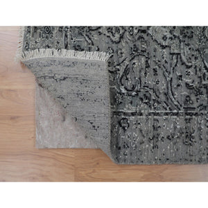 2'10"x8' Gray Broken Persian Erased Design Runner Silk With Textured Wool Hand Knotted Oriental Rug FWR348132