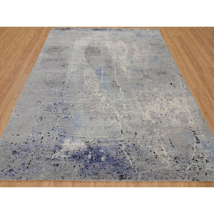 7'9"x10'3" Abstract Design With Soft Blues Wool And Silk Hand Knotted Oriental Rug FWR348156