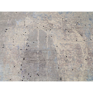 7'9"x10'3" Abstract Design With Soft Blues Wool And Silk Hand Knotted Oriental Rug FWR348156