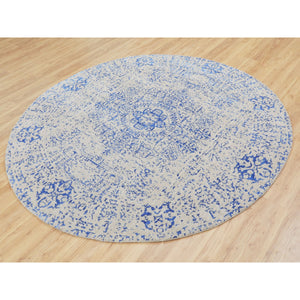 8'x8' Blue Wool and Silk Mamluk Design Jacquard Hand Loomed Round Oriental Rug FWR348708