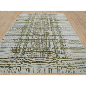 11'9"x14'8" Oversized Green Fine Jacquard Hand Loomed Modern Wool And Art Silk Oriental Rug FWR348756