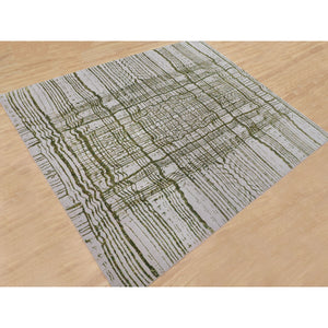 11'9"x14'8" Oversized Green Fine Jacquard Hand Loomed Modern Wool And Art Silk Oriental Rug FWR348756