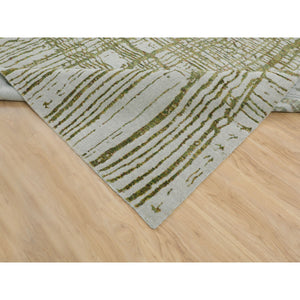 11'9"x14'8" Oversized Green Fine Jacquard Hand Loomed Modern Wool And Art Silk Oriental Rug FWR348756