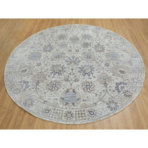 10'x10' Round Ivory Silk With Textured Wool Tabriz Hand Knotted Oriental Rug FWR348990