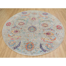 Load image into Gallery viewer, 8&#39;10&quot;x8&#39;10&quot; Tan Round Sickle Leaf Design Silk With Textured Wool Hand Knotted Oriental Rug FWR349032