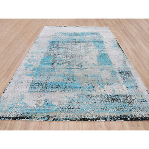 8'9"x11'10" Teal Blue Jewellery Design Tone On Tone Silk With Textured Wool Hand Knotted Oriental Rug FWR349206