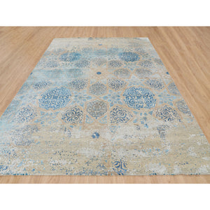 8'10"x12' Olive Gray With Touch Of Blue Snowflake Design Silk With Textured Wool Hand Knotted Oriental Rug FWR349212