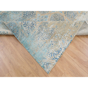 8'10"x12' Olive Gray With Touch Of Blue Snowflake Design Silk With Textured Wool Hand Knotted Oriental Rug FWR349212