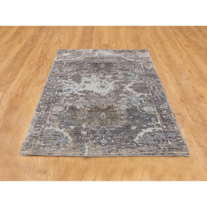 3'x4'10" Gray Erased Design Wool And Silk Hand Knotted Oriental Modern Rug FWR350766