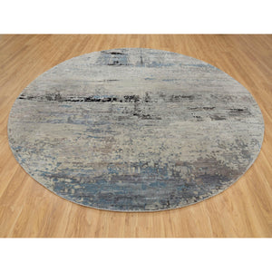 10'x10' Round Silver, Blue Wool & Silk Abstract Design Hand Knotted Oriental Modern Rug FWR350880