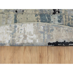 10'x10' Round Silver, Blue Wool & Silk Abstract Design Hand Knotted Oriental Modern Rug FWR350880