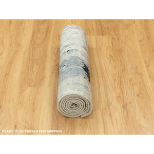 2'5"x7'9" Wool & Silk Abstract Design Modern Silver, Blue Hand Knotted Oriental Runner Rug FWR350934