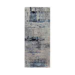 2'6"x5'10" Abstract Design Silver-Blue Hand Knotted Modern Wool & Silk Oriental Runner Rug FWR350946