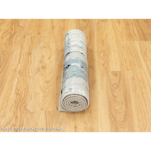 2'6"x5'10" Abstract Design Silver-Blue Hand Knotted Modern Wool & Silk Oriental Runner Rug FWR350946