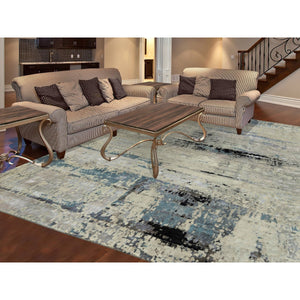 10'x10' Abstract Design Square Silver-Blue Hand Knotted Hi-Low Pile Wool & Silk Oriental Rug FWR351006