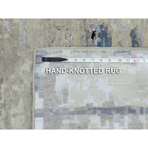10'x10' Abstract Design Square Silver-Blue Hand Knotted Hi-Low Pile Wool & Silk Oriental Rug FWR351006