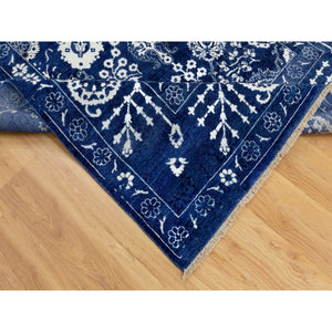 6'2"x9' Blue Hand Knotted Tone On Tone Tabriz Wool And Silk Oriental Rug FWR351210