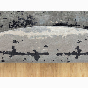 8'3"x8'3" Taupe Abstract Design Wool And Silk Hi-low Pile Hand Knotted Round Oriental Rug FWR351384