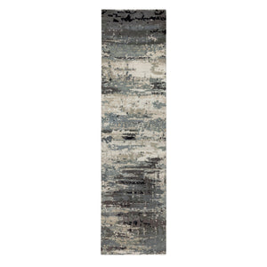 2'8"x10'3" Taupe Abstract Design Wool and Silk Runner Hi-Low Pile Hand Knotted Oriental Rug FWR351396