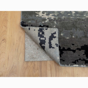 2'8"x10'3" Taupe Abstract Design Wool and Silk Runner Hi-Low Pile Hand Knotted Oriental Rug FWR351396