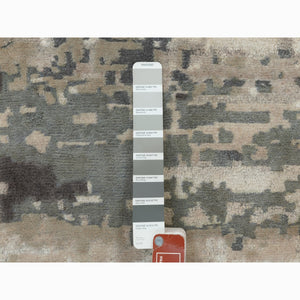 2'8"x10'3" Taupe Abstract Design Wool and Silk Runner Hi-Low Pile Hand Knotted Oriental Rug FWR351396
