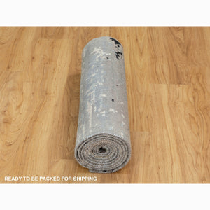 2'8"x10'3" Taupe Abstract Design Wool and Silk Runner Hi-Low Pile Hand Knotted Oriental Rug FWR351396