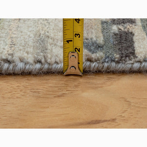 2'8"x10'3" Taupe Abstract Design Wool and Silk Runner Hi-Low Pile Hand Knotted Oriental Rug FWR351396