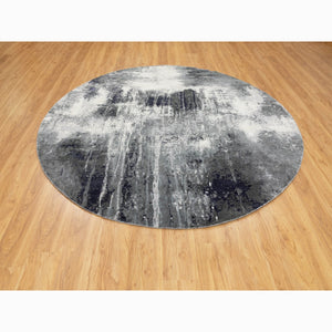 8'x8' Charcoal Black Abstract Design Wool And Silk Hand Knotted Round Oriental Rug FWR351438