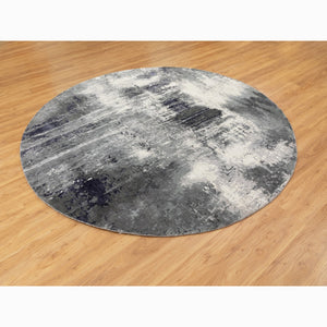 8'x8' Charcoal Black Abstract Design Wool And Silk Hand Knotted Round Oriental Rug FWR351438