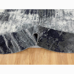 8'x8' Charcoal Black Abstract Design Wool And Silk Hand Knotted Round Oriental Rug FWR351438