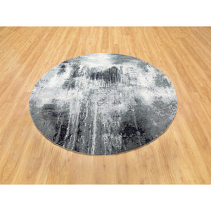 6'2"x6'2" Gray With Black Abstract Design Wool And Silk Hand Knotted Round Oriental Rug FWR351738