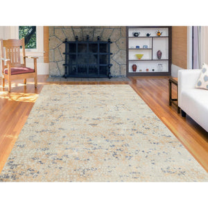 5'10"x9' Gray Wool And Pure Silk Mosaic Design Hand Knotted Modern Oriental Rug FWR351870