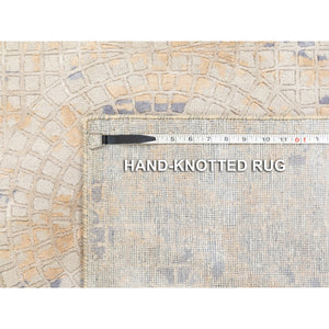 5'10"x9' Gray Wool And Pure Silk Mosaic Design Hand Knotted Modern Oriental Rug FWR351870