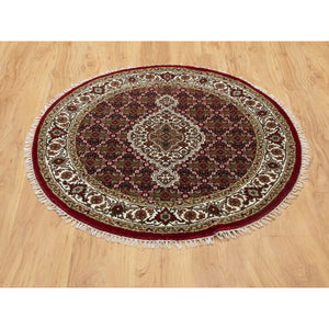 3'4"x3'4" Red Hand Knotted Wool Tabriz Mahi Fish Design Oriental Round Rug FWR352452