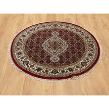 Load image into Gallery viewer, 3&#39;4&quot;x3&#39;4&quot; Red Hand Knotted Wool Tabriz Mahi Fish Design Oriental Round Rug FWR352452