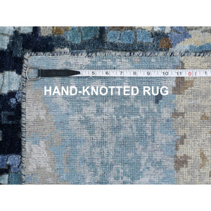 2'6"x9'10" Hand Knotted Blue Mosaic Design Wool And Silk Oriental Persian Knot Runner Rug FWR353238