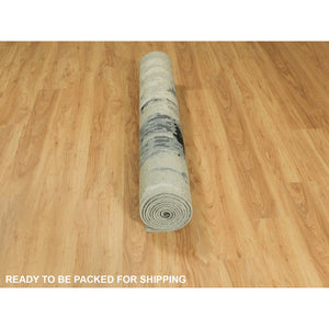 4'x10' Wool And Silk Silver, Blue Modern Abstract Design Hand Knotted Oriental Runner Rug FWR353280