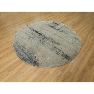 7'x7' Silver Blue Wool & Silk Modern Abstract Design Hand Knotted Oriental Round Rug FWR353310