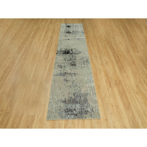 2'9"x12' Silver Blue Wool & Silk Modern Abstract Design Hand Knotted Oriental Runner Rug FWR353322