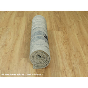 2'9"x12' Silver Blue Wool & Silk Modern Abstract Design Hand Knotted Oriental Runner Rug FWR353322