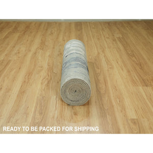 2'8"x19'10" Silver Gray Wool & Silk Modern Abstract Design Hand Knotted Oriental Runner Rug FWR353340