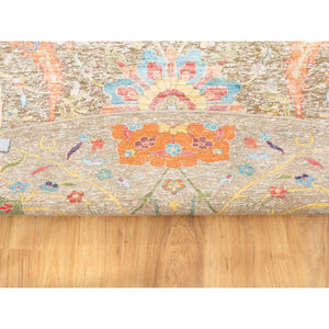 12'x12' Tan Silk With Textured Wool Sickle Leaf Design Hand Knotted Oriental Round Rug FWR353790