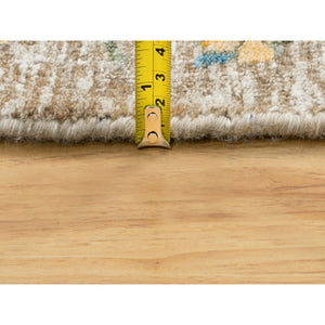 12'x12' Tan Silk With Textured Wool Sickle Leaf Design Hand Knotted Oriental Round Rug FWR353790