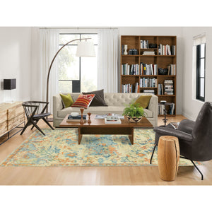 5'9"x9' Ivory Variegated Broken Heriz Design Supple Collection Pure Wool Hand Knotted Oriental Rug FWR353928