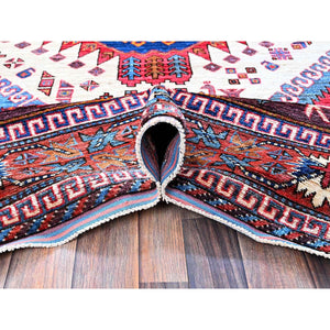 6'x8'6" Alabaster White, Afghan Ersari With Turkish Knot, Caucasian Design Revival, Ancient Bird Figurines, Vegetable Dyes, Densely Woven, Hand Knotted, Soft Wool, Oriental Rug FWR3534