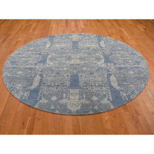 8'1"x8'1" Round Blue Wool And Pure Silk Jewellery Design Hand Knotted Oriental Rug FWR354000