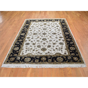 6'x9'3" Black Half Wool And Half Silk Thick And Plush Rajasthan Hand Knotted Oriental Rug FWR354096
